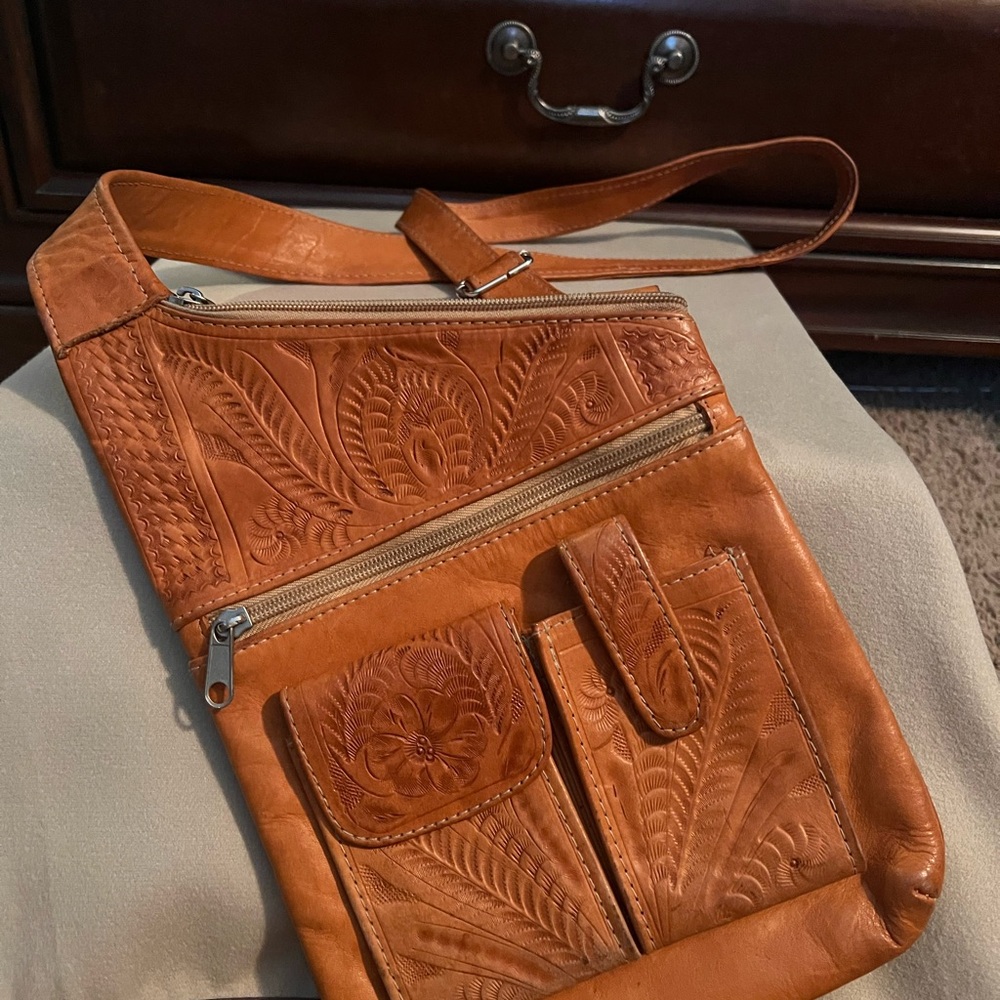 Embossed Tan Leather Crossbody Bag